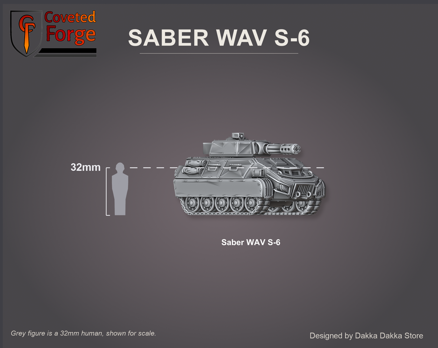Saber WAV S-6 assembled with the chiron rotary cannon, shown beside a 32mm human figure for scale