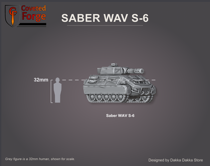 Saber WAV S-6 assembled with the chiron rotary cannon, shown beside a 32mm human figure for scale