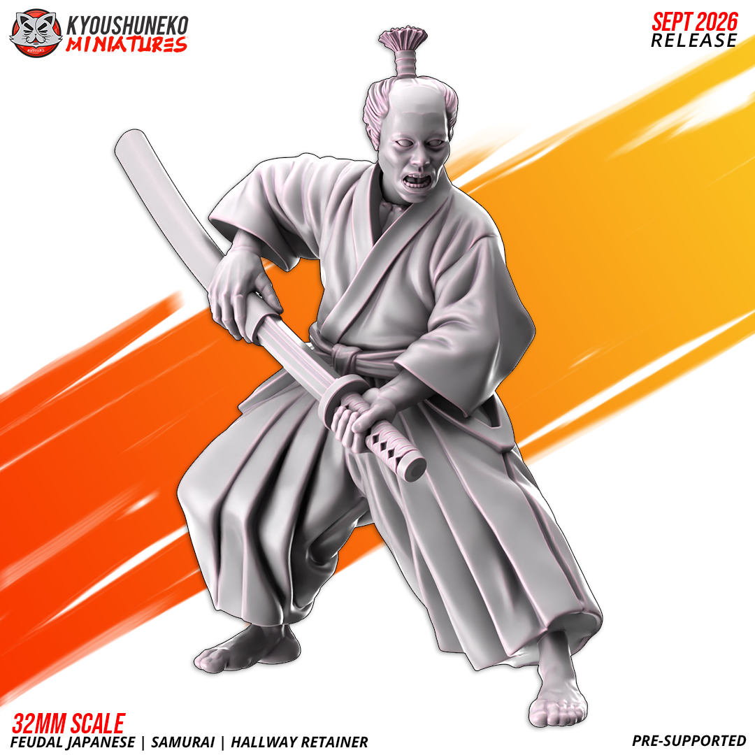Samurai Hallway Retainer, an unarmoured feudal Japanese retainer drawing his katana in a wide stance, 3D printed resin miniature by Kyoushuneko.