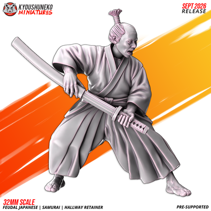 Samurai Hallway Retainer three-quarter view, katana clearing the scabbard, feudal Japanese resin miniature by Kyoushuneko.