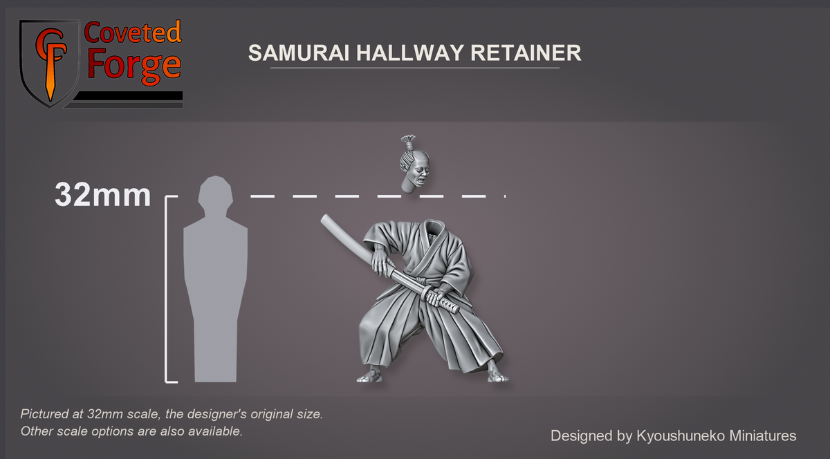 Coveted Forge scale reference: Samurai Hallway Retainer at 32mm beside a 32mm human silhouette, the separate head shown floating just above the body; also offered at 28mm.