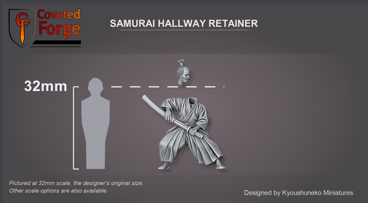 Coveted Forge scale reference: Samurai Hallway Retainer at 32mm beside a 32mm human silhouette, the separate head shown floating just above the body; also offered at 28mm.