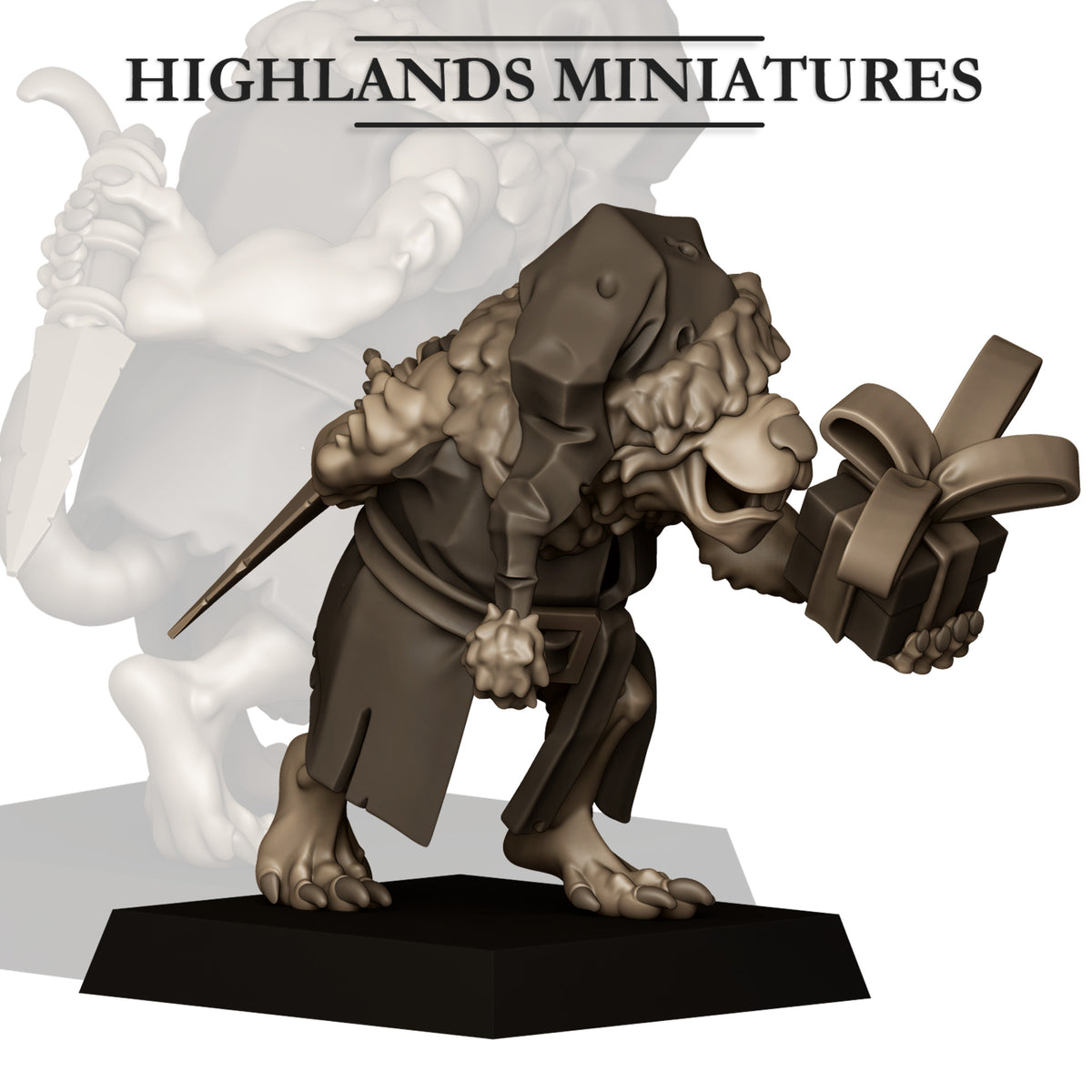 Santa Rat, ratman in a Santa hat and fur-trimmed coat with a gift box and a hidden dagger, resin miniature by Highlands Miniatures