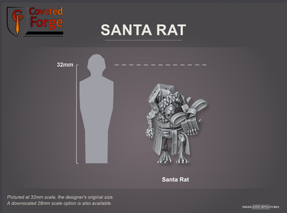 Coveted Forge scale reference: Santa Rat, front view, beside a 32mm human silhouette; pictured at 32mm, the original scale, a downscaled 28mm option is also available