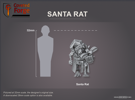Coveted Forge scale reference: Santa Rat, front view, beside a 32mm human silhouette; pictured at 32mm, the original scale, a downscaled 28mm option is also available