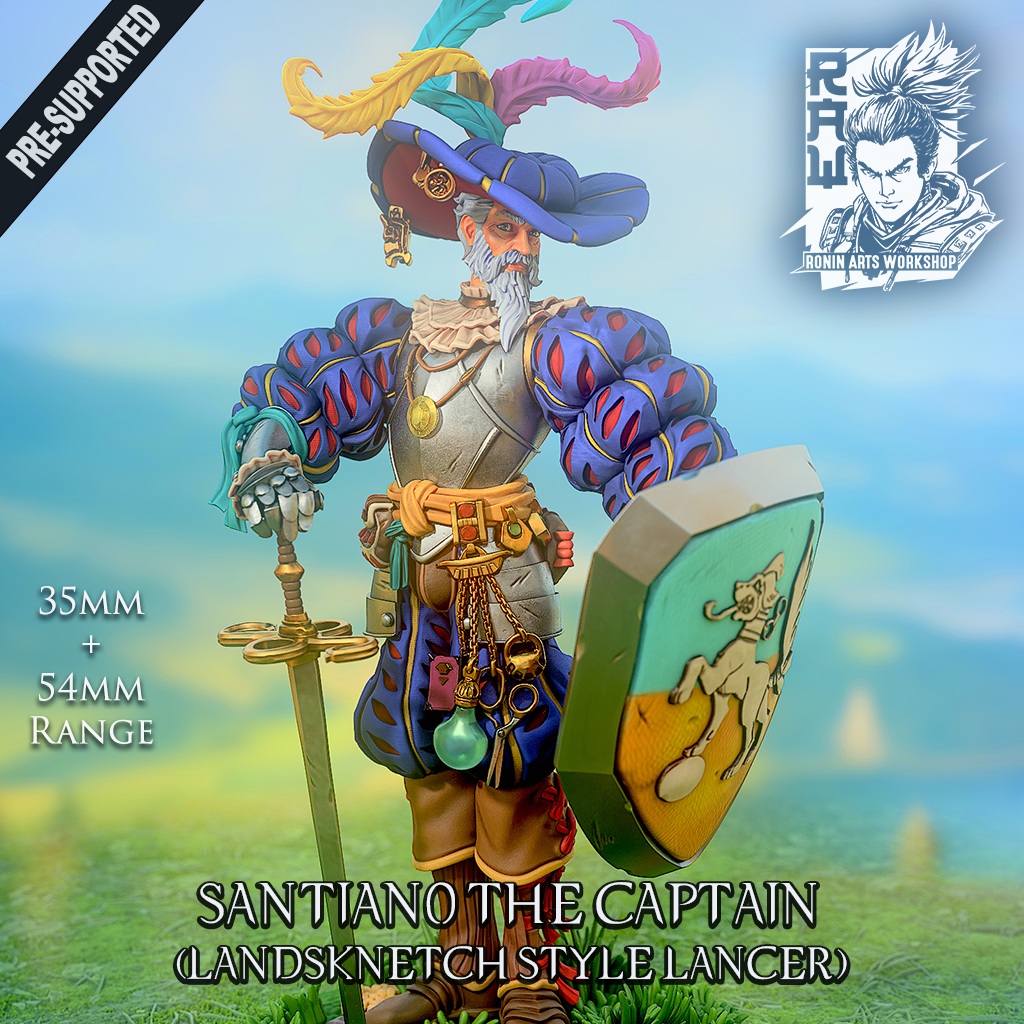 Santiano the Captain, bearded Landsknecht captain miniature in colour with plumed hat, sword and hound shield, designer render by Ronin Arts Workshop.