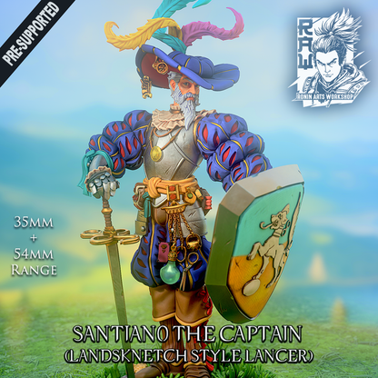 Santiano the Captain, bearded Landsknecht captain miniature in colour with plumed hat, sword and hound shield, designer render by Ronin Arts Workshop.