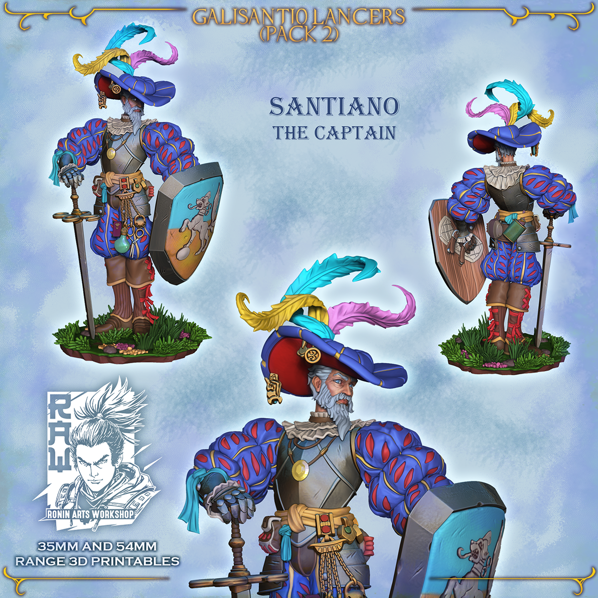 Santiano the Captain, front, back and close-up views, Galisantio Lancers pack 2, designer render.