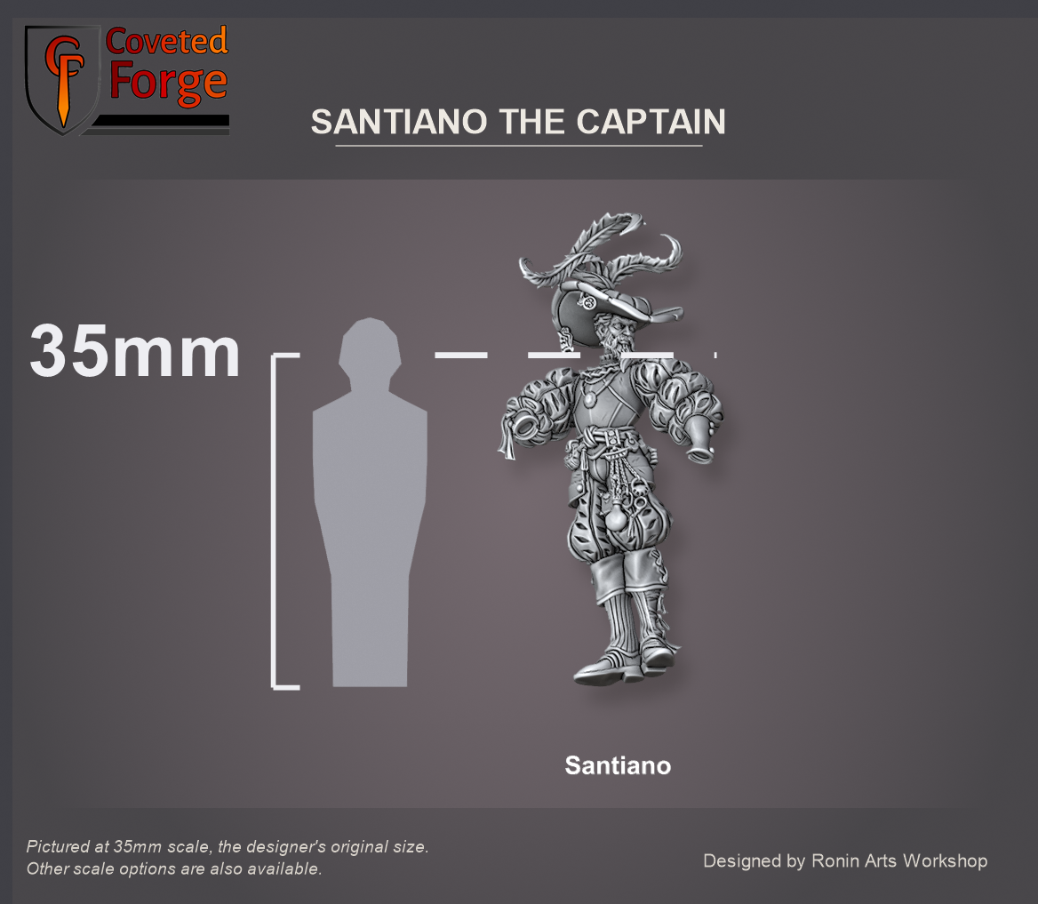 Coveted Forge scale reference, Santiano's figure body at 35mm beside a 35mm human silhouette, native pose stood upright; also offered at 54mm