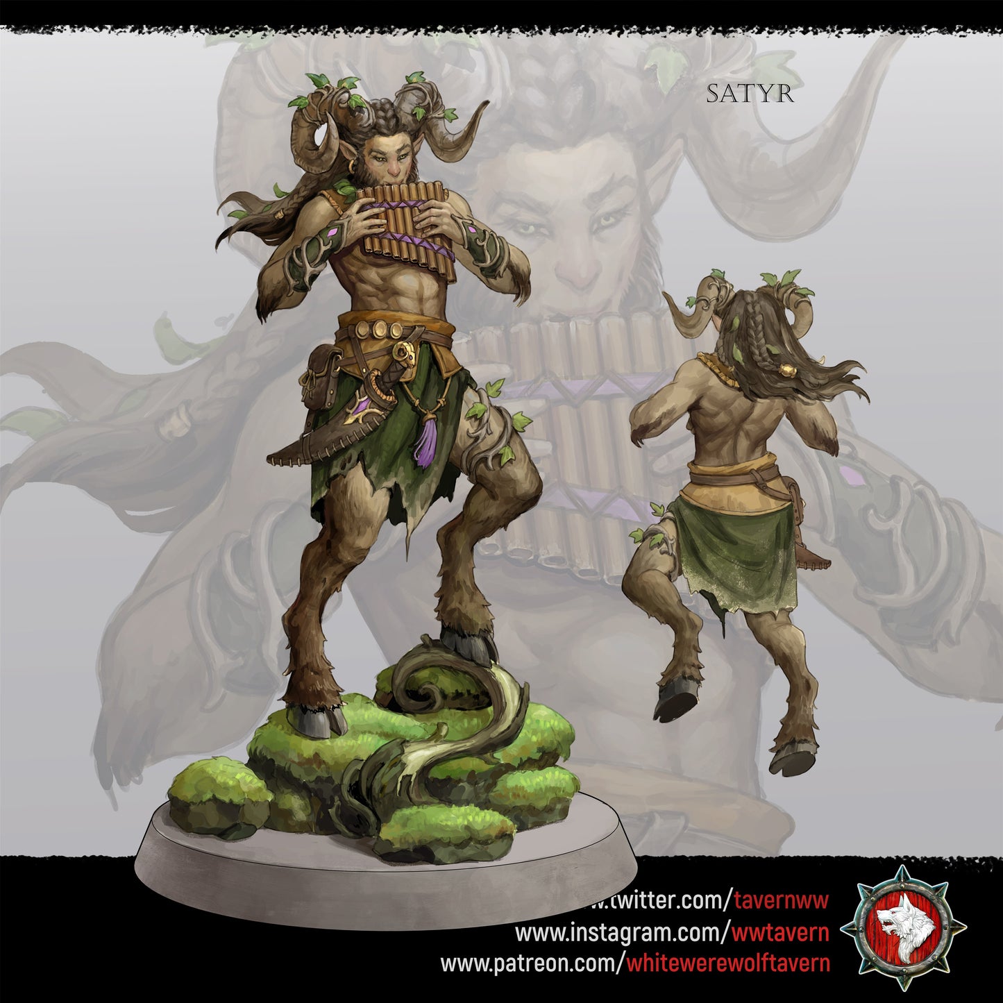 White Werewolf Tavern painted concept art of the satyr piper with front and back views
