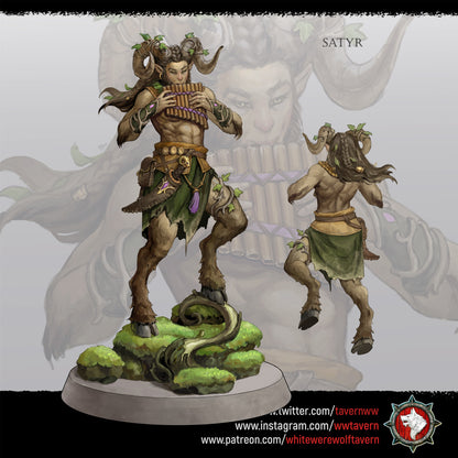 White Werewolf Tavern painted concept art of the satyr piper with front and back views