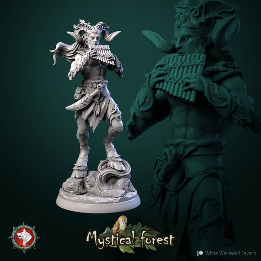 Satyr 75mm resin display model playing pan pipes on a mossy forest base