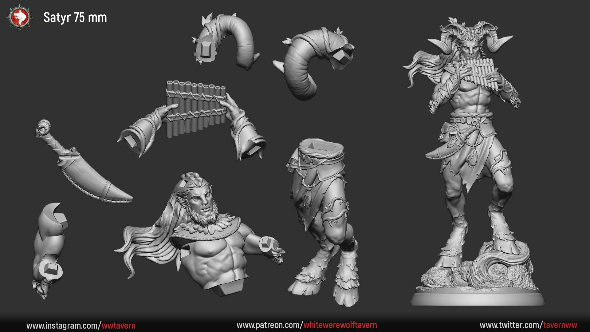 Parts layout for the 75mm satyr kit with body, legs, horns, arms, knife and flute
