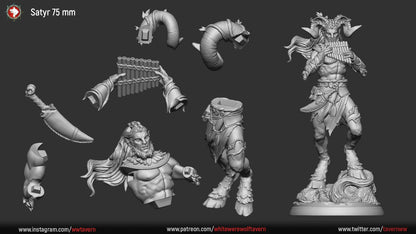 Parts layout for the 75mm satyr kit with body, legs, horns, arms, knife and flute