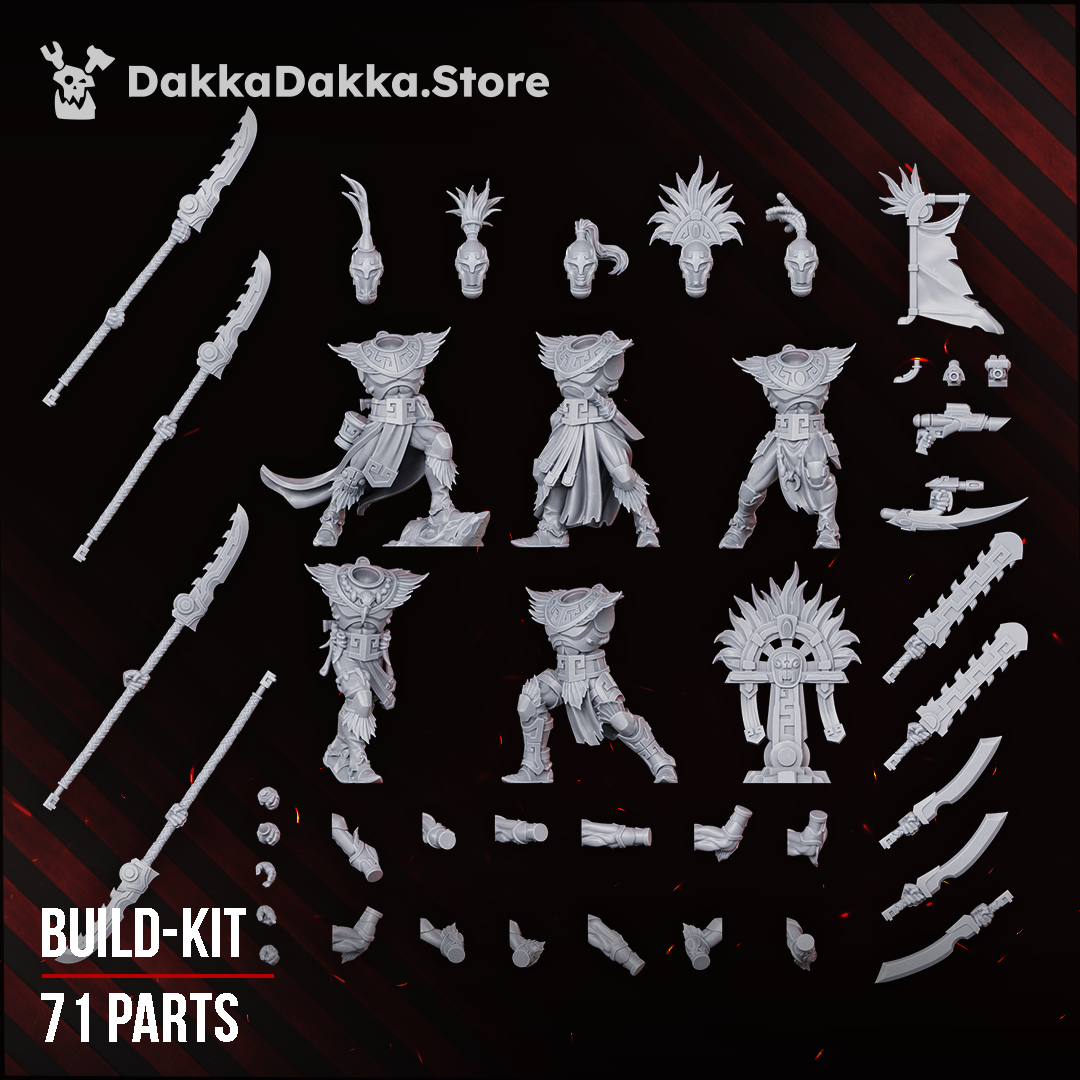 Spacelair Stinging Blades build kit, all 71 parts laid out: bodies, heads, arms, hand weapons, backpacks and totem, Dakka Dakka Store render