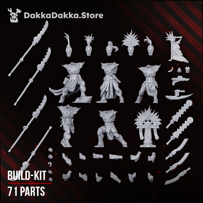 Spacelair Stinging Blades build kit, all 71 parts laid out: bodies, heads, arms, hand weapons, backpacks and totem, Dakka Dakka Store render