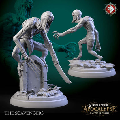 The Scavengers, two gaunt undead ghoul miniatures on scenic bases, a 3D printed resin set by White Werewolf Tavern.