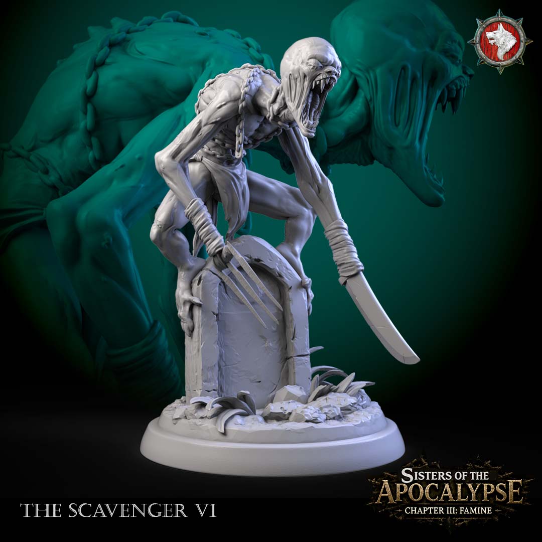 Scavenger V1, an emaciated undead ghoul with a curved blade and a bone-tined fork on a gravestone base.