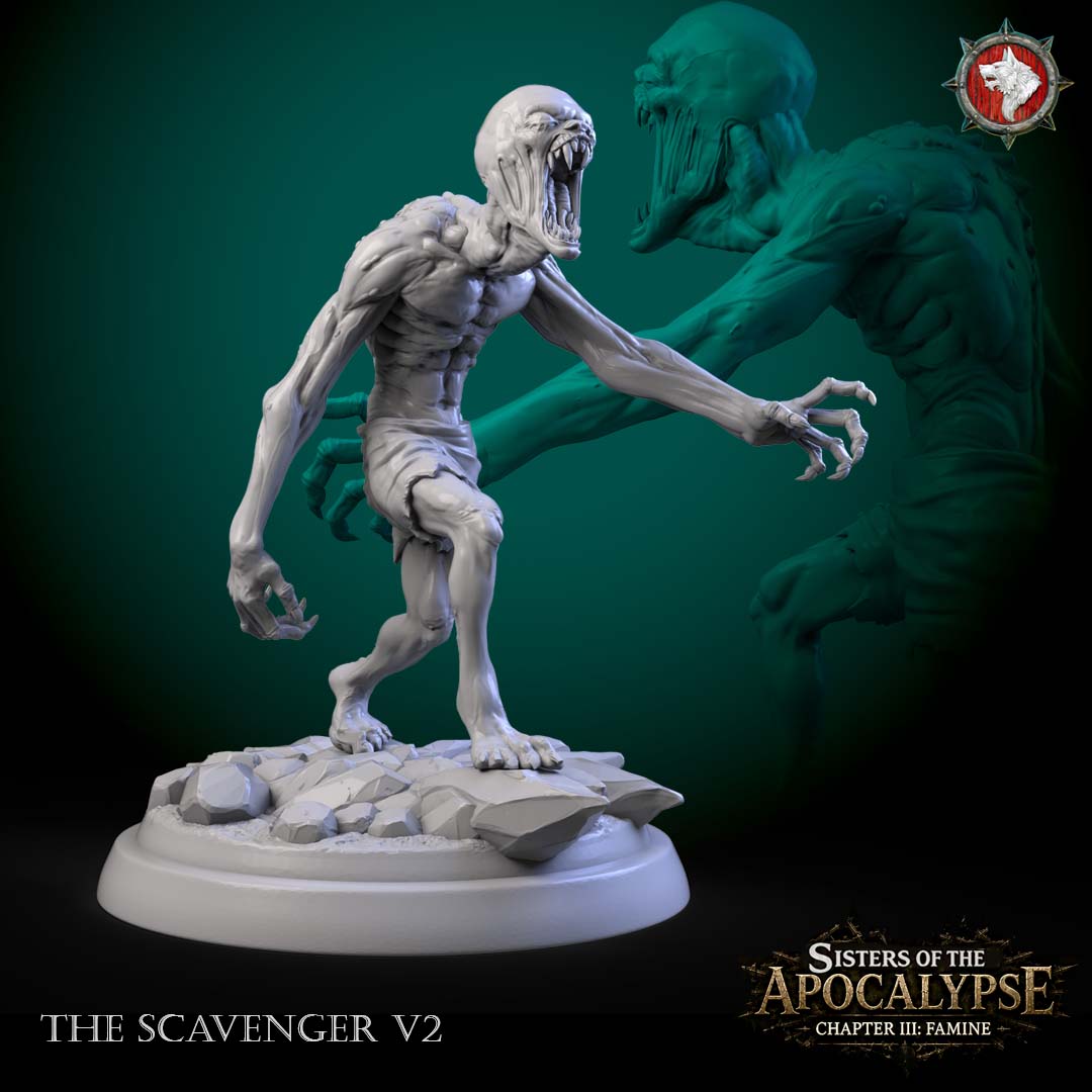 Scavenger V2, a lean undead ghoul with hooked claws and a distended jaw on a rubble base.