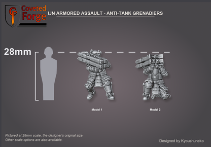 IJN Armored Assault Anti-Tank Grenadiers, both models shown to scale beside a 28mm human silhouette reference