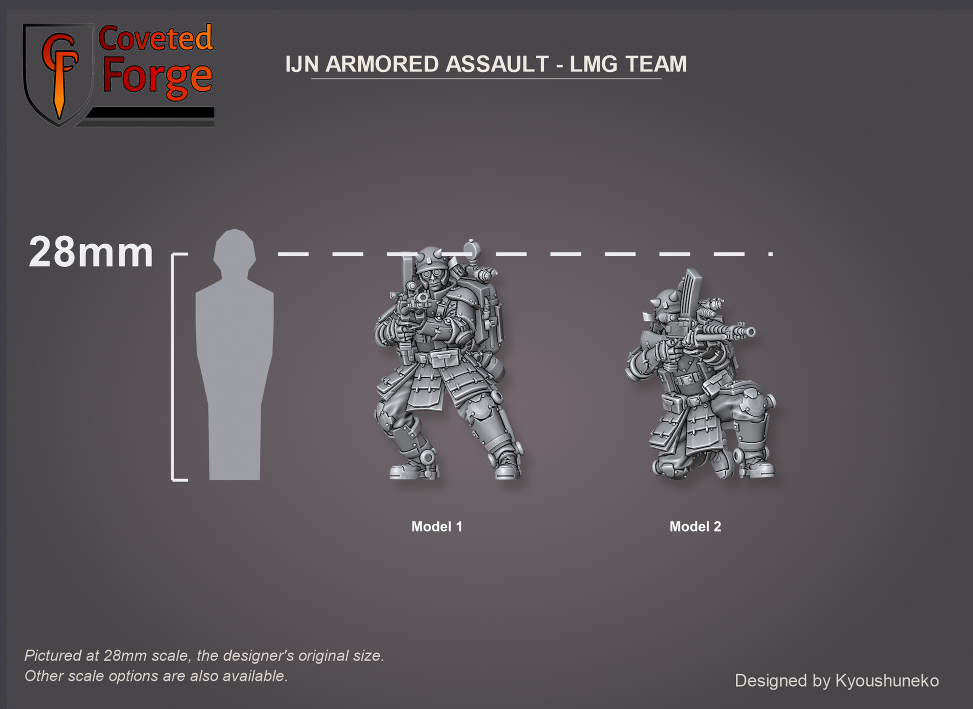 IJN Armored Assault Light Machine Gun Team, both models shown to scale beside a 28mm human silhouette reference