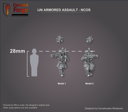 IJN Armored Assault NCOs, both models shown to scale beside a 28mm human silhouette, separate command head floating above each body