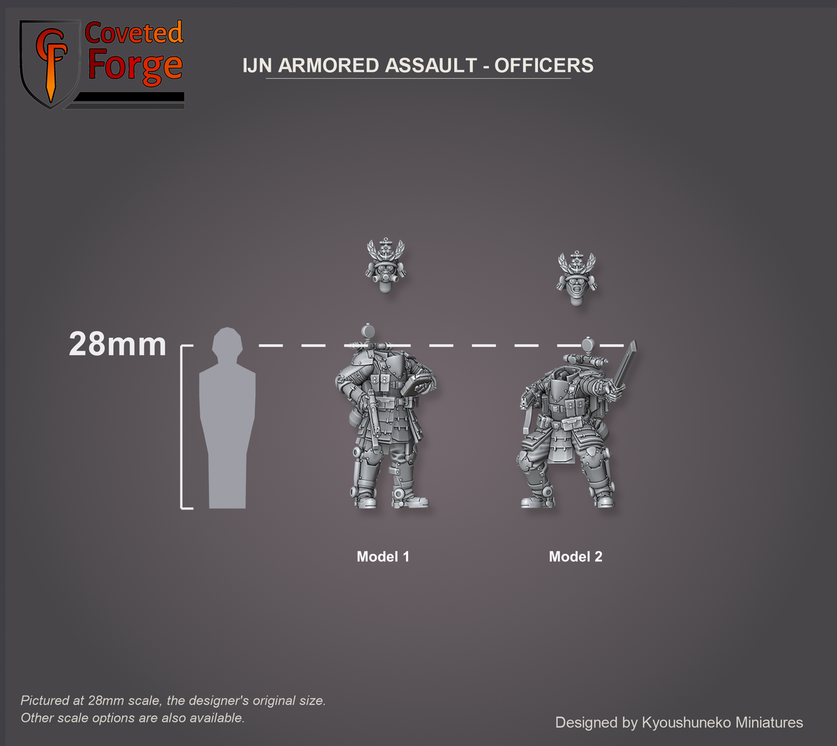 IJN Armored Assault officers, both models shown to scale beside a 28mm human silhouette, separate command head floating above each body