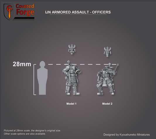 IJN Armored Assault officers, both models shown to scale beside a 28mm human silhouette, separate command head floating above each body