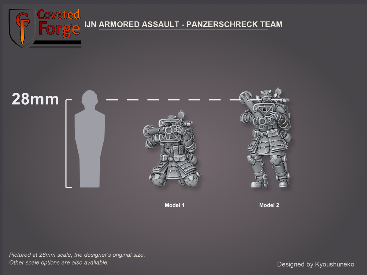 IJN Armored Assault Panzerschreck Team, both models shown to scale beside a 28mm human silhouette reference