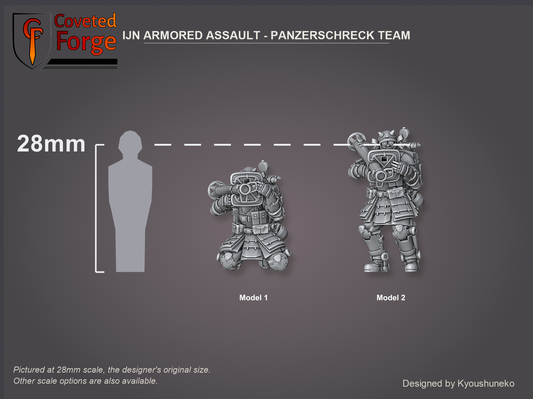 IJN Armored Assault Panzerschreck Team, both models shown to scale beside a 28mm human silhouette reference