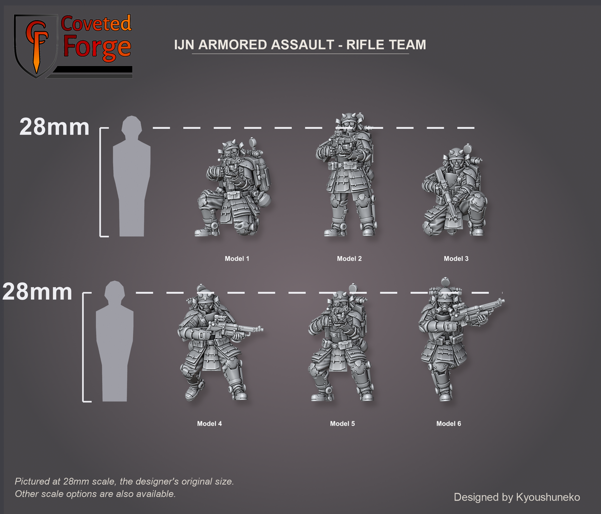 IJN Armored Assault Rifle Team, six models shown to scale beside a 28mm human silhouette reference