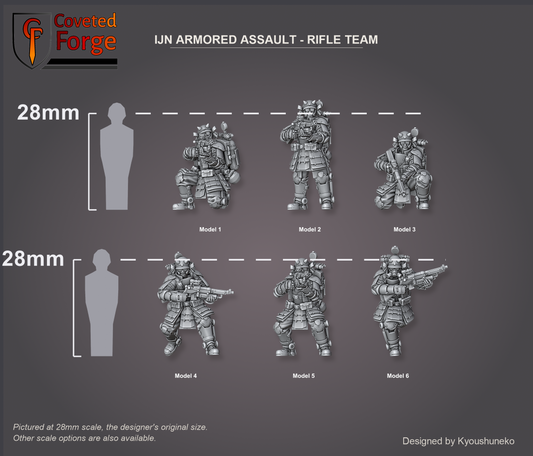 IJN Armored Assault Rifle Team, six models shown to scale beside a 28mm human silhouette reference