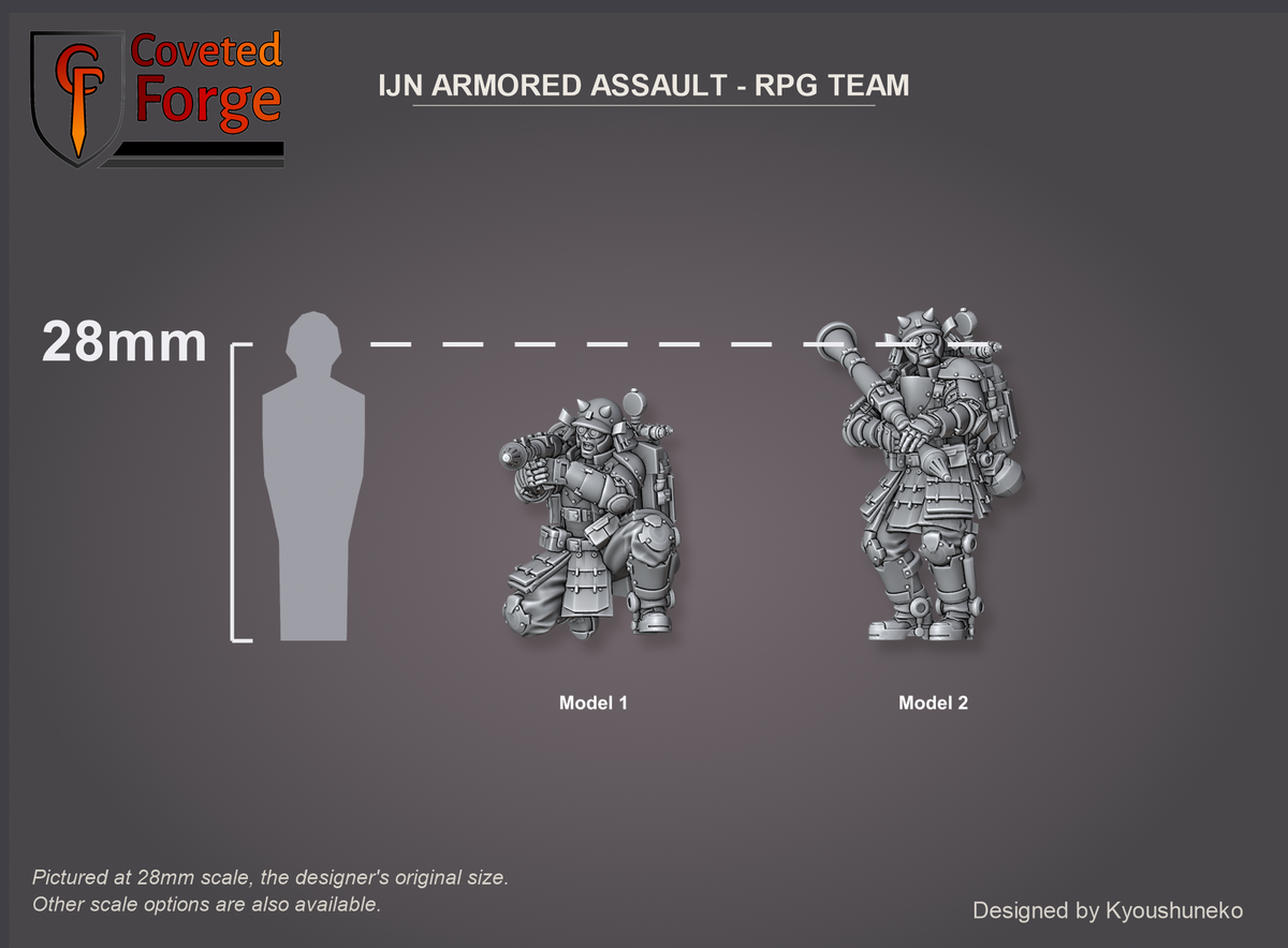 IJN Armored Assault RPG Team, both models shown to scale beside a 28mm human silhouette reference