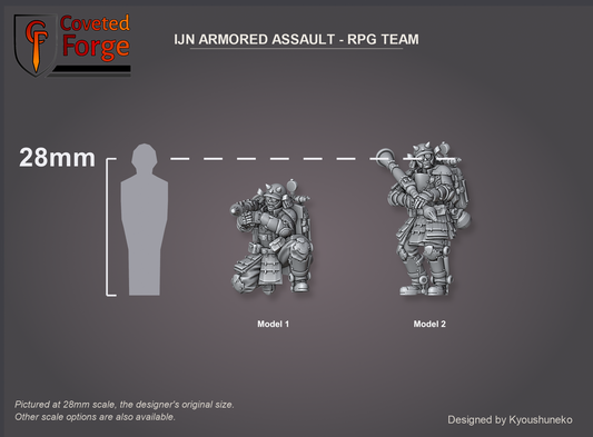 IJN Armored Assault RPG Team, both models shown to scale beside a 28mm human silhouette reference