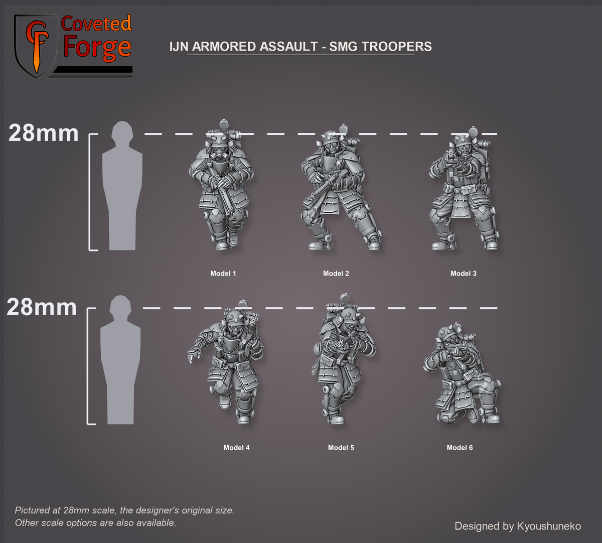 IJN Armored Assault SMG Troopers, six models shown to scale beside a 28mm human silhouette reference