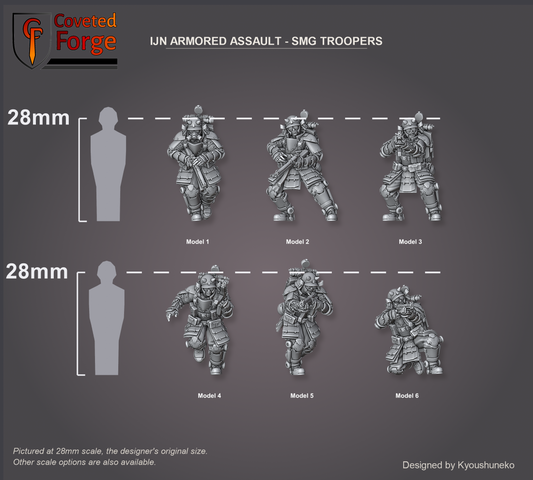 IJN Armored Assault SMG Troopers, six models shown to scale beside a 28mm human silhouette reference