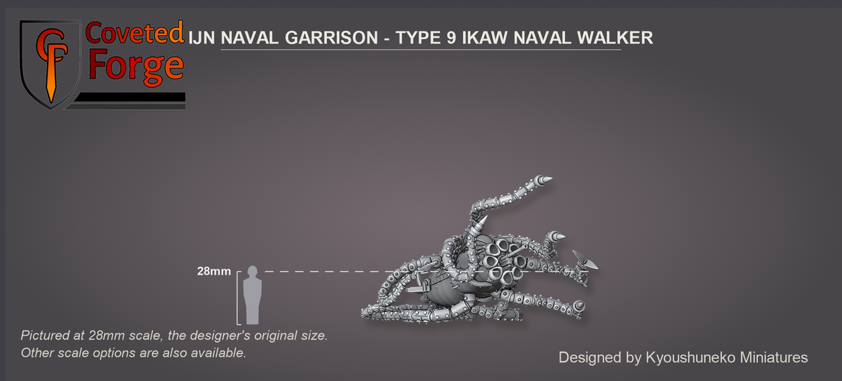 Type 9 IKAW Naval Walker assembled, three-quarter view shown to scale beside a 28mm human silhouette