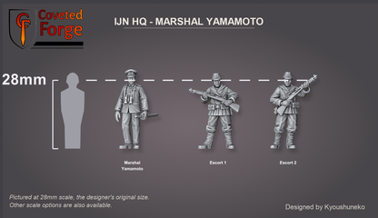 IJN HQ Marshal Yamamoto command group, three models shown to scale beside a 28mm human silhouette reference