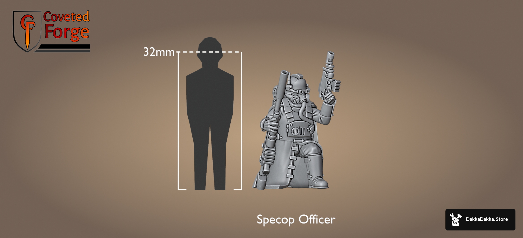 Death Corps Spec Op Officer shown to scale beside a 32mm human reference