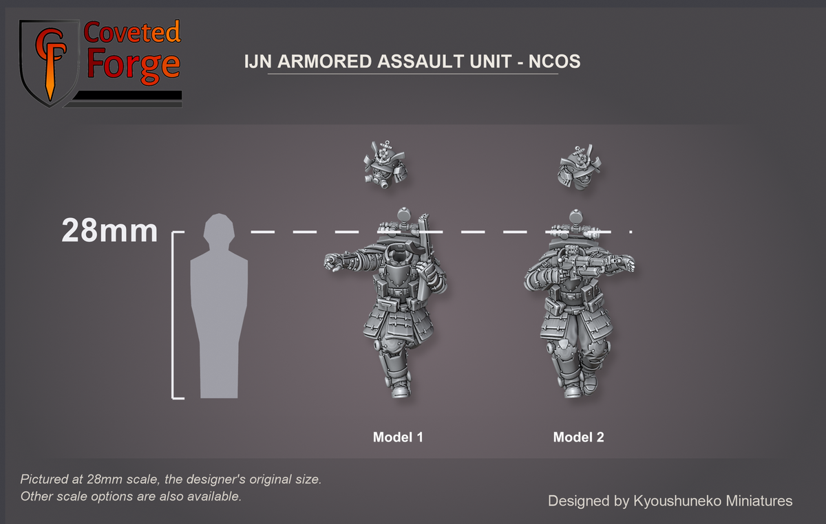 IJN Armored Assault NCOs, both models shown to scale beside a 28mm human silhouette, separate heads shown floating just above the bodies; Model 1 and Model 2 labelled.