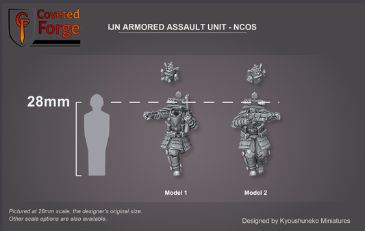 IJN Armored Assault NCOs, both models shown to scale beside a 28mm human silhouette, separate heads shown floating just above the bodies; Model 1 and Model 2 labelled.
