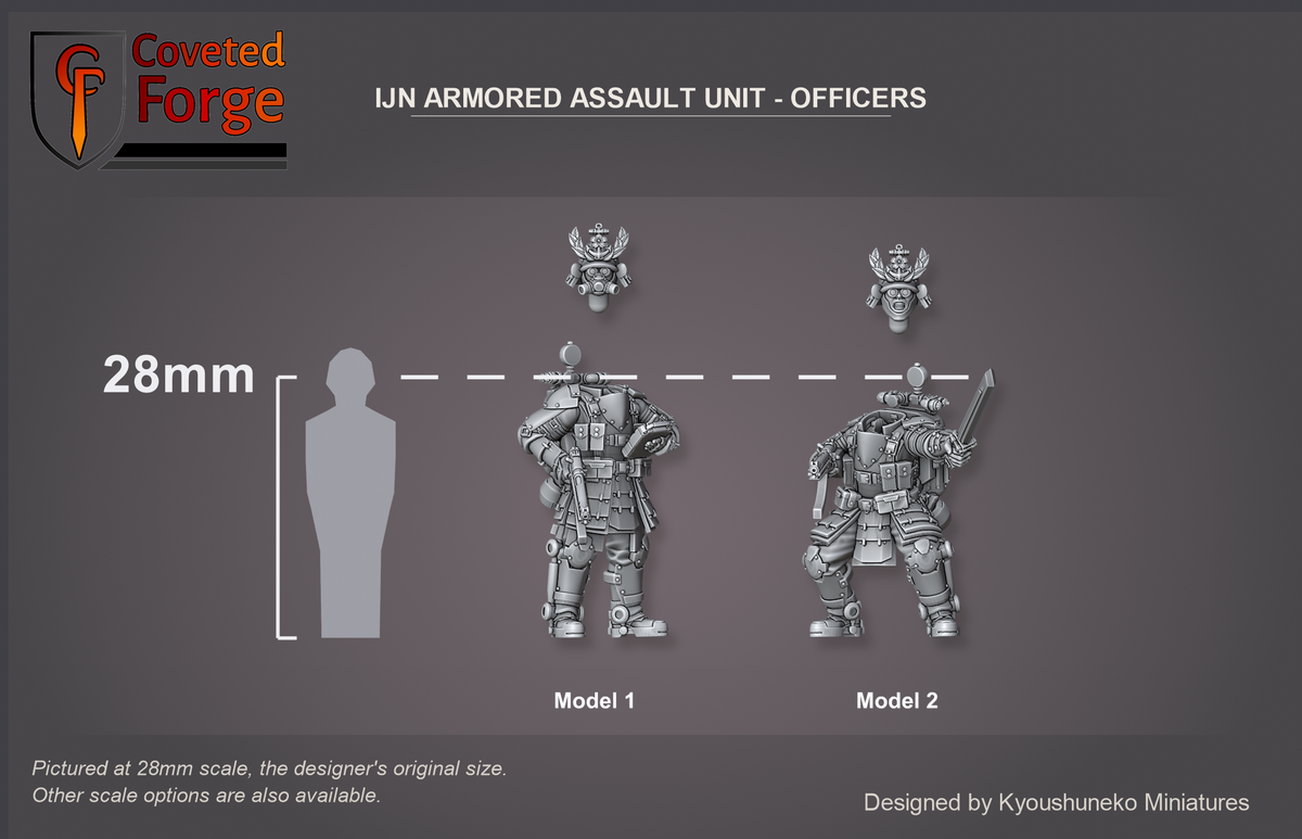 IJN Armored Assault officers, both models shown to scale beside a 28mm human silhouette, separate heads shown floating just above the bodies; Model 1 and Model 2 labelled.