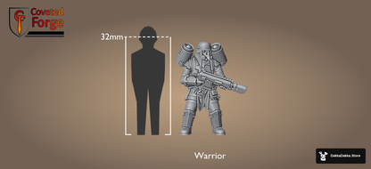 Ravenswatch Warrior shown to scale beside a 32mm human reference