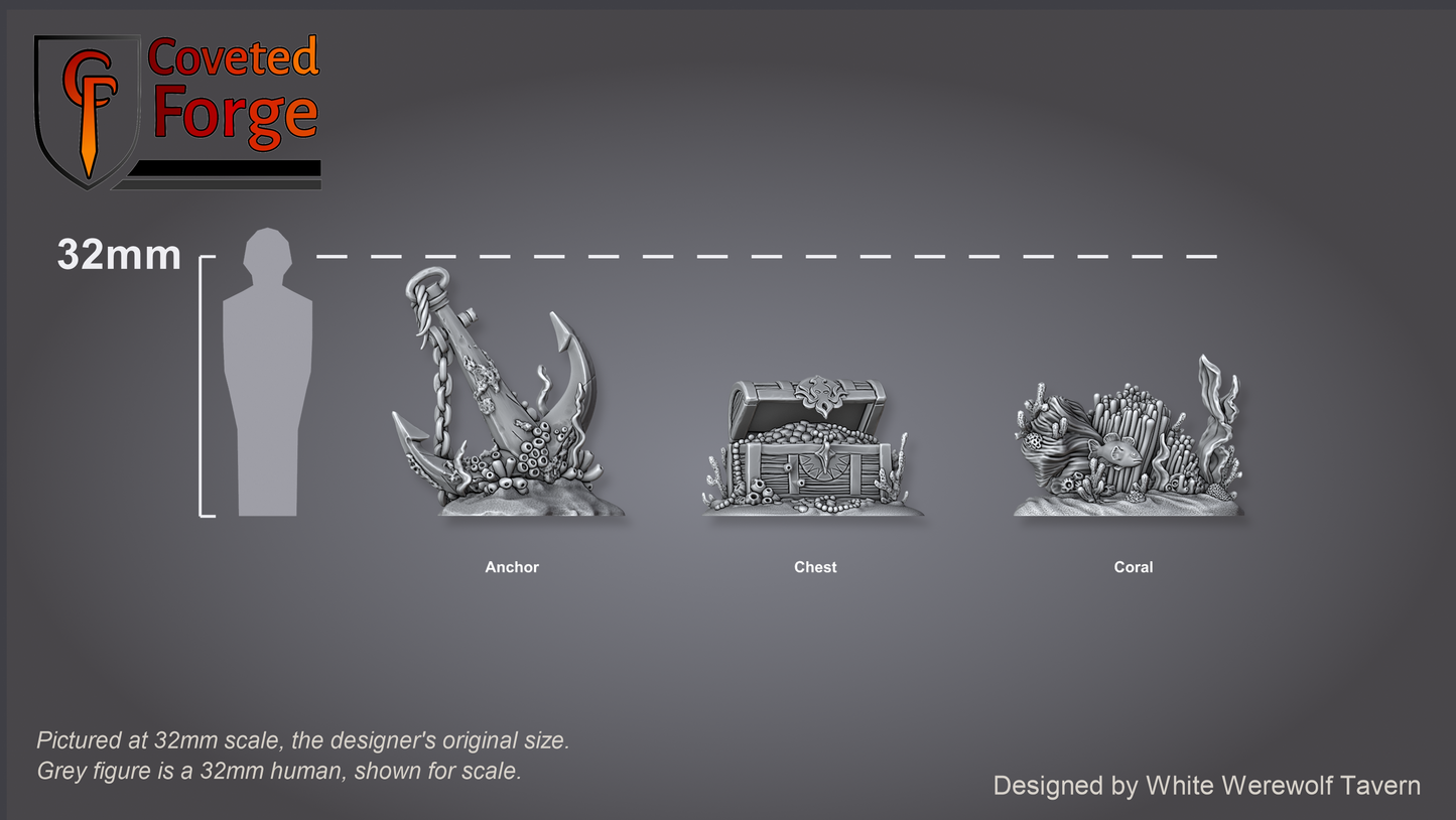 Scale reference: Underwater Scatter Terrain at 32mm scale beside a 32mm human silhouette