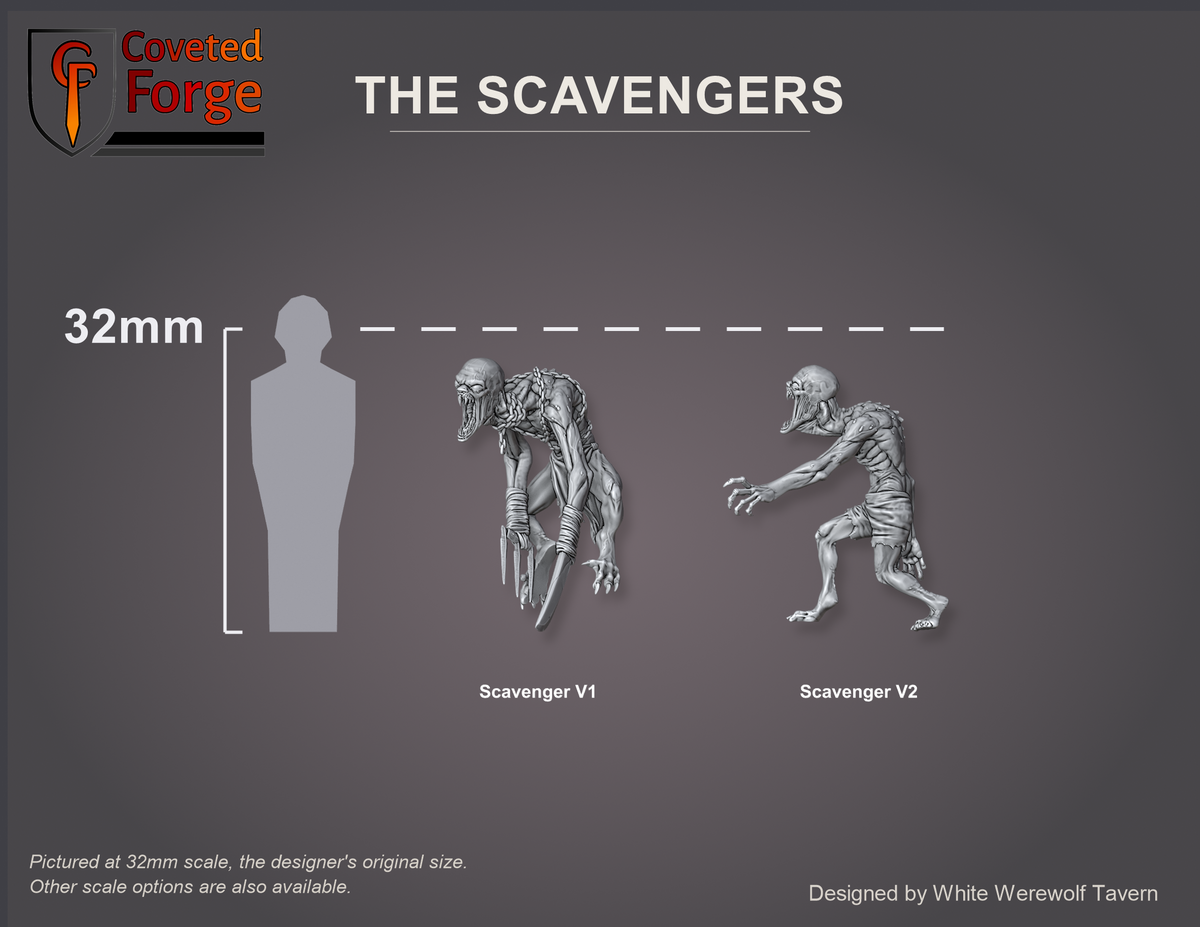 The Scavengers shown at 32mm scale beside a 32mm human silhouette for size reference; 28mm is also offered.