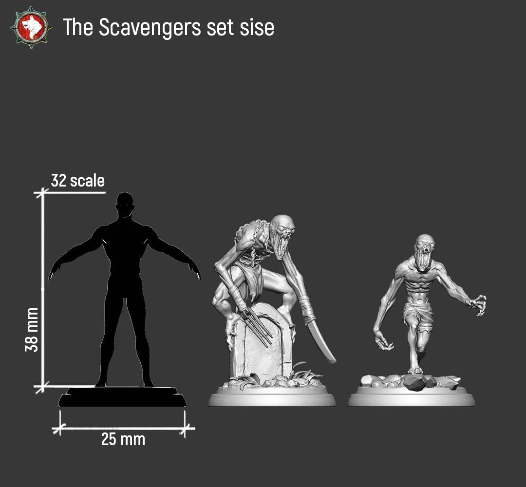 The Scavengers size chart: both models beside a 32mm human reference that is 38mm tall on a 25mm base.