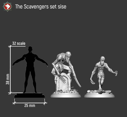 The Scavengers size chart: both models beside a 32mm human reference that is 38mm tall on a 25mm base.
