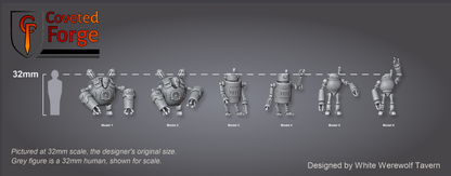 Scale reference: all six Scrap-Bot models at 32mm scale beside a 32mm human silhouette