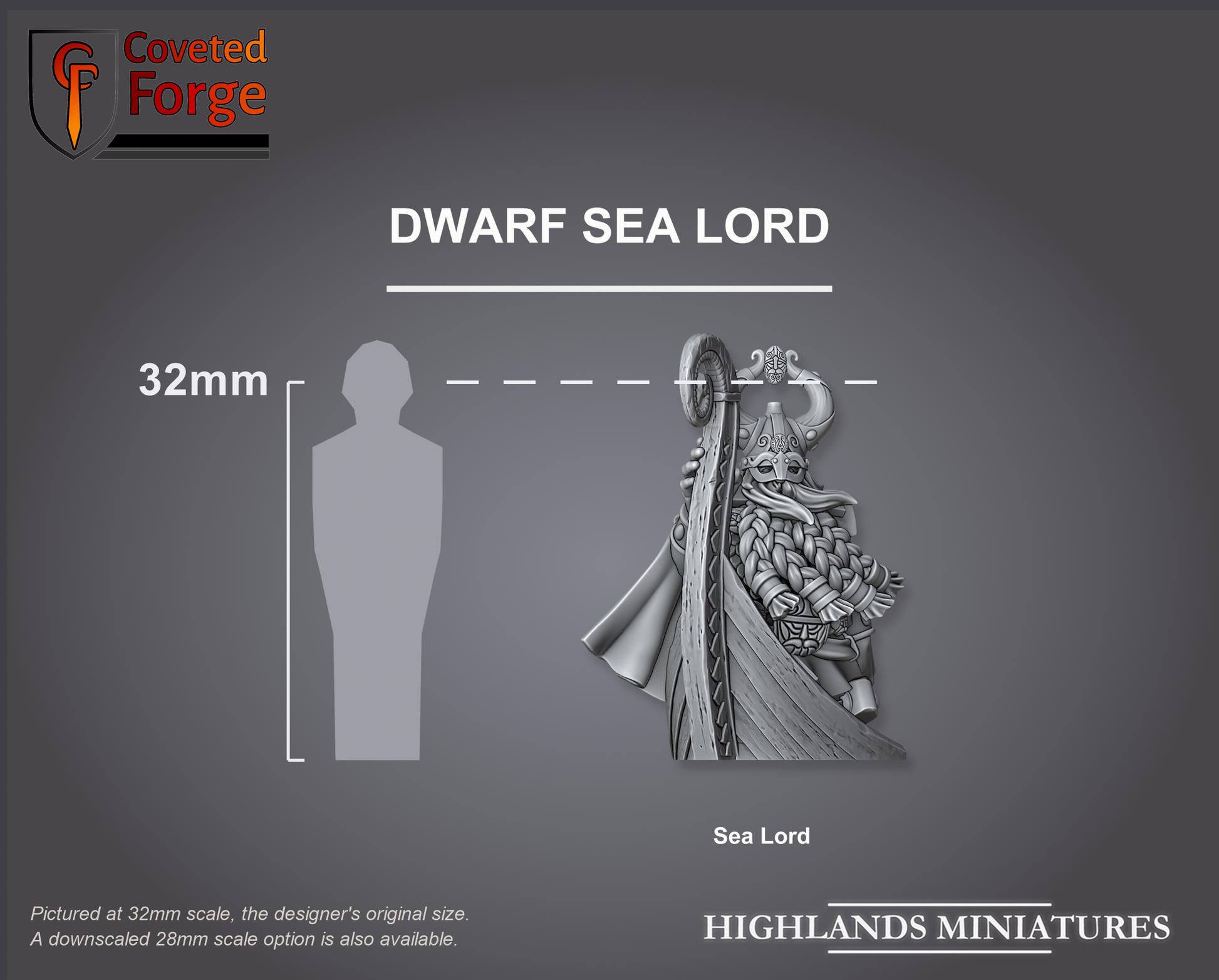 Dwarf Sea Lord on his longship beside a 32mm human, shown for scale
