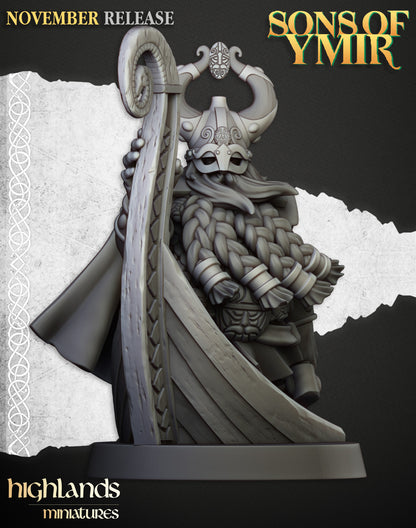 Dwarf Sea Lord, a horned-helmed dwarf at the prow of his longship